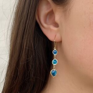 Blue glass dangle earrings goldtone setting heart shape wire pierced 1.5” long